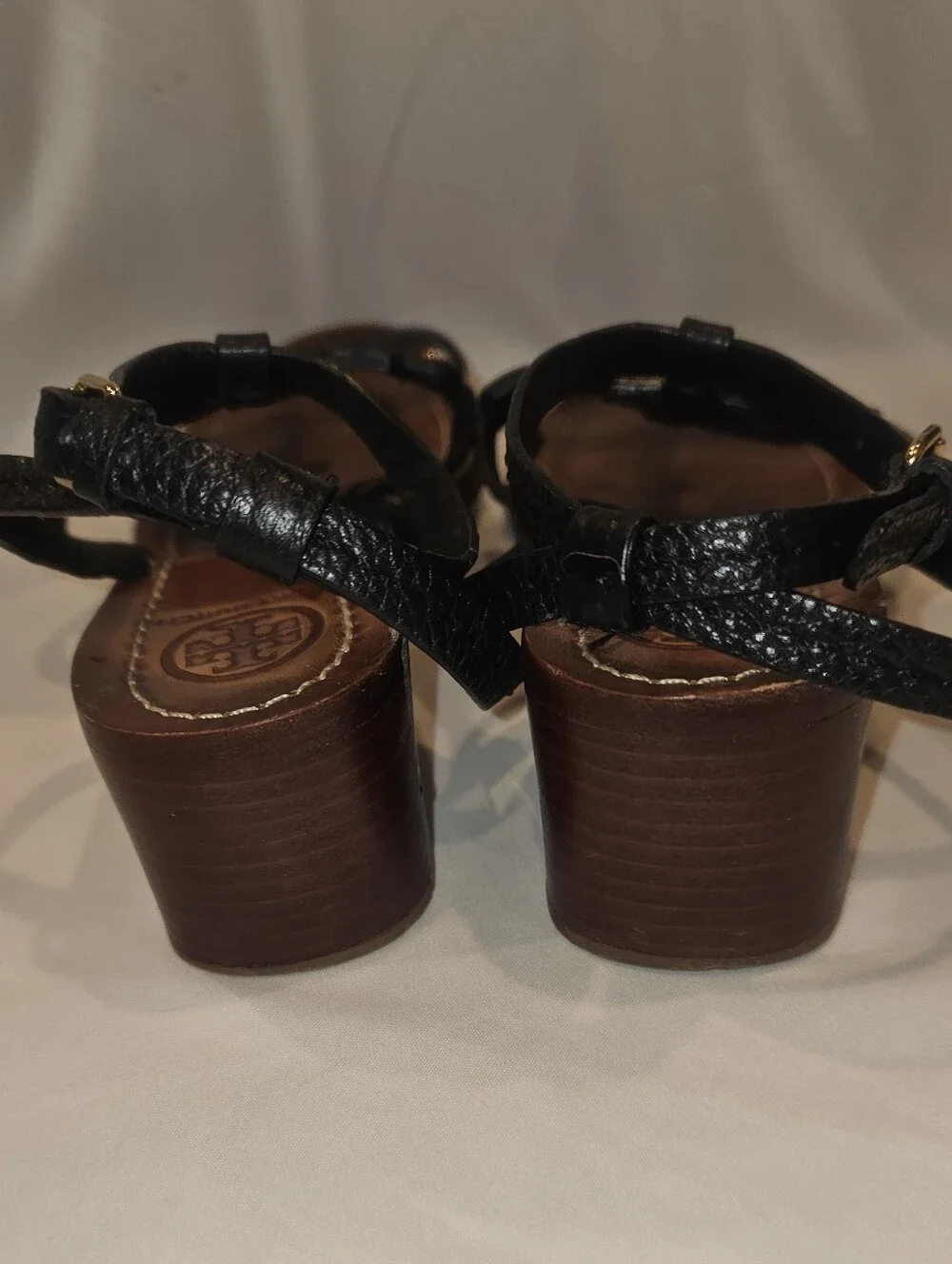 TORY BURCH Chandler tumbled leather block heel black sandals, 6.5